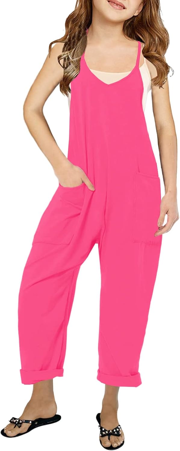Girls' Casual Sleeveless Jumpsuits Spaghetti Strap Loose Romper Long Pants with Pockets