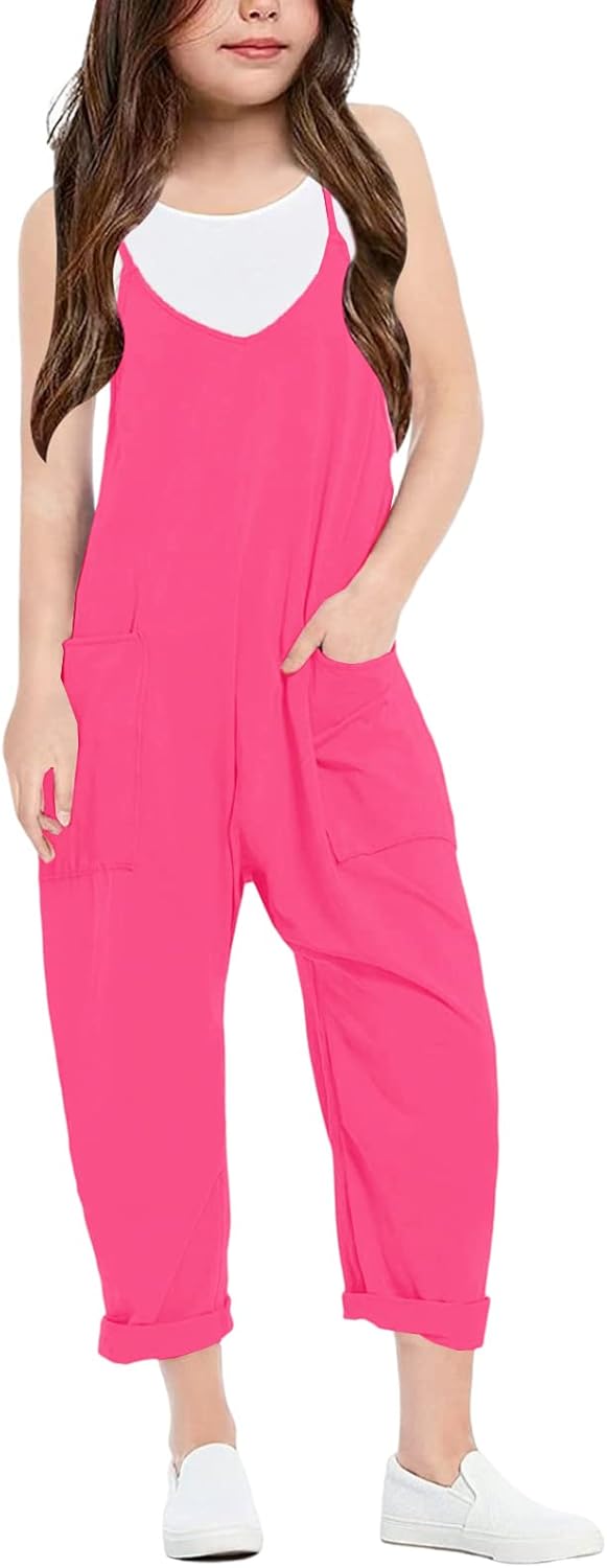 Girls' Casual Sleeveless Jumpsuits Spaghetti Strap Loose Romper Long Pants with Pockets - Image 2