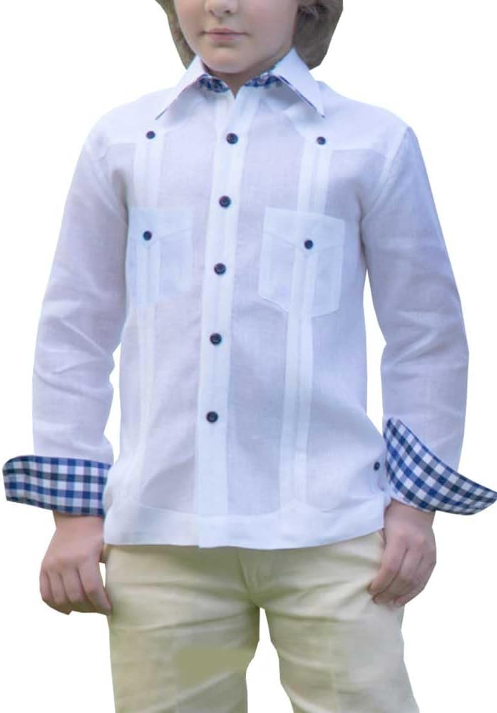 s for kids. Linen White & Gingham Modern  Style for kids. Long Sleeve. Pockets and pleats, hem and pockets