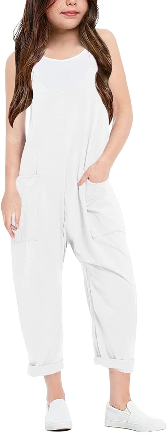 Girls' Casual Sleeveless Jumpsuits Spaghetti Strap Loose Romper Long Pants with Pockets - Image 2