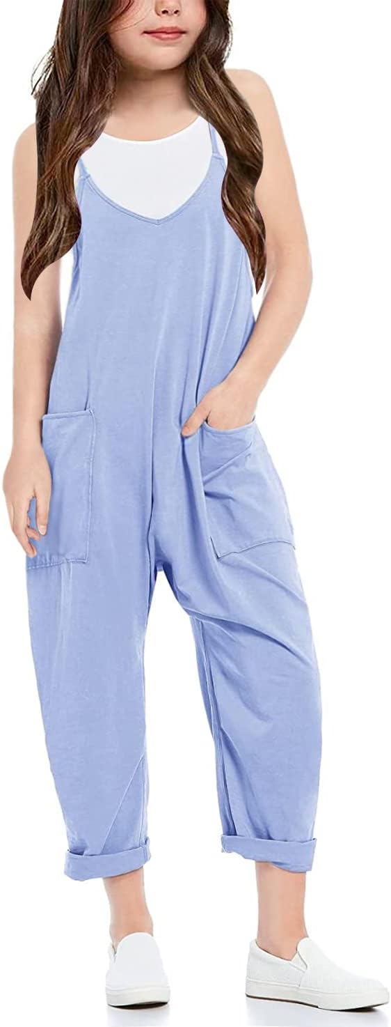 Girls' Casual Sleeveless Jumpsuits Spaghetti Strap Loose Romper Long Pants with Pockets - Image 2