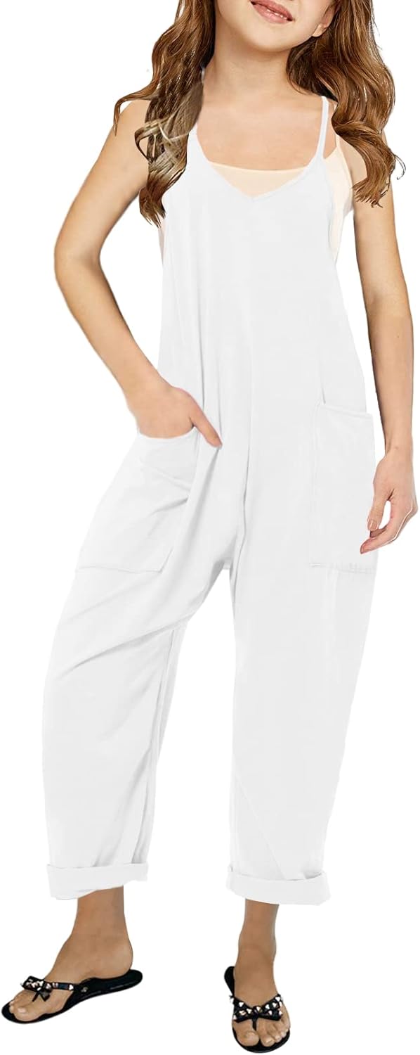 Girls' Casual Sleeveless Jumpsuits Spaghetti Strap Loose Romper Long Pants with Pockets