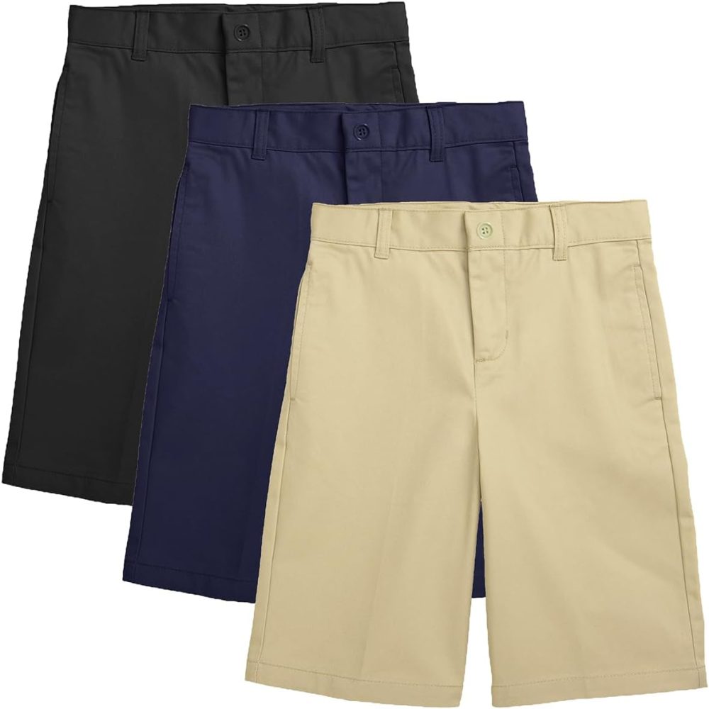 3-Pack Boy's Flat Front Twill Chino Shorts, Classic Cotton Blend Short with Fly Zipper for School Approved