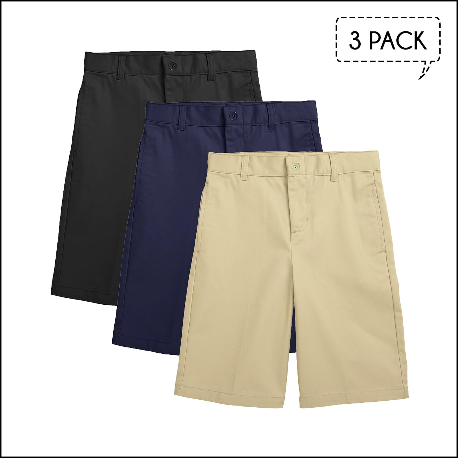 3-Pack Boy's Flat Front Twill Chino Shorts, Classic Cotton Blend Short with Fly Zipper for School Approved - Image 2