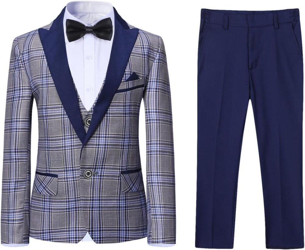 Boys Suits 3 Piece Slim Fit Check Plaid Kids Tuxedo Suits for Boys Formal Dress Blazer Jacket Pants Vest Wedding