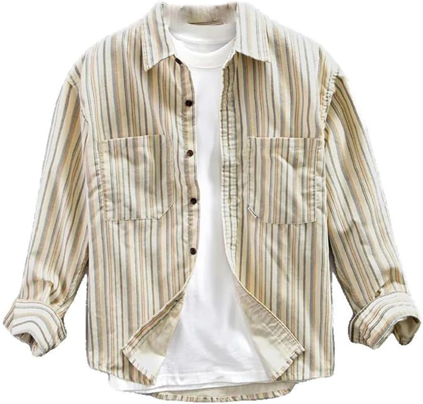 Striped Casual Fashion Multi Pockets Lapel Long Sleeve Autumn Handsome Youth Simple Classic