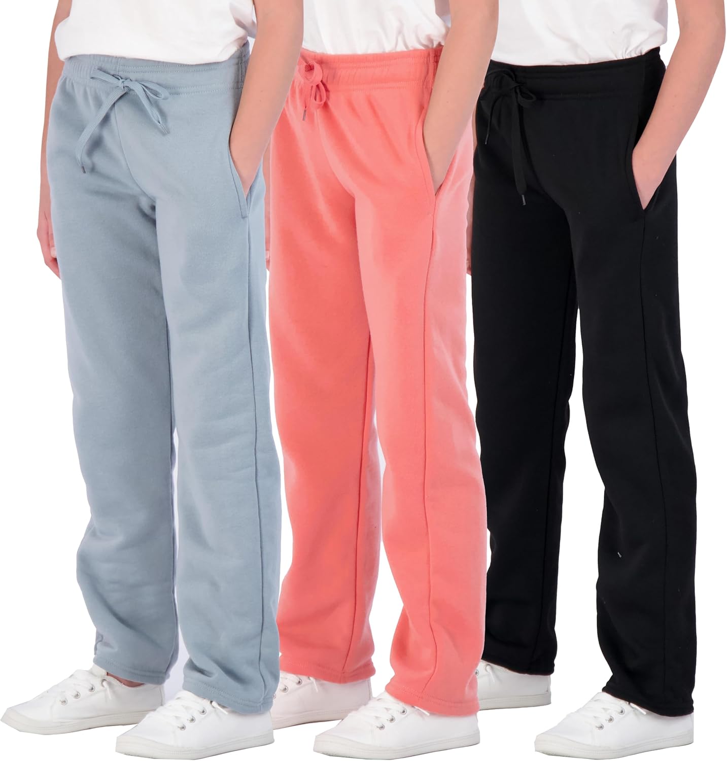 3 Pack: Girls' Fleece Open Bottom Soft Athletic Performance Casual Sweatpants(Ages 7-16)